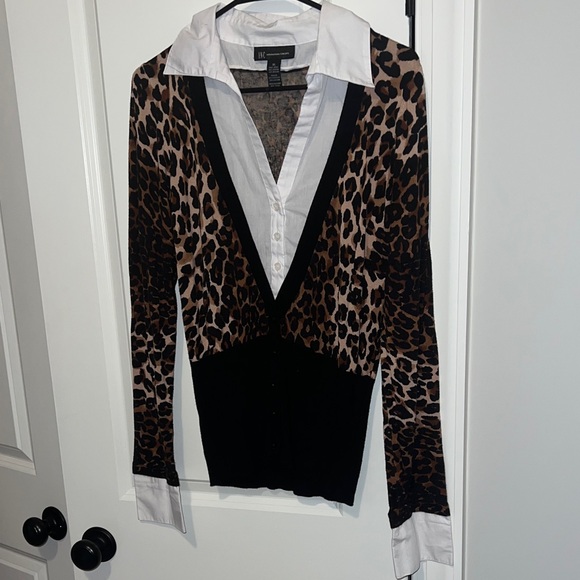 INC International Concepts Tops - INC International Concept Leopard Print V-Neck Cardigan w/ Faux Shirt Detail XL